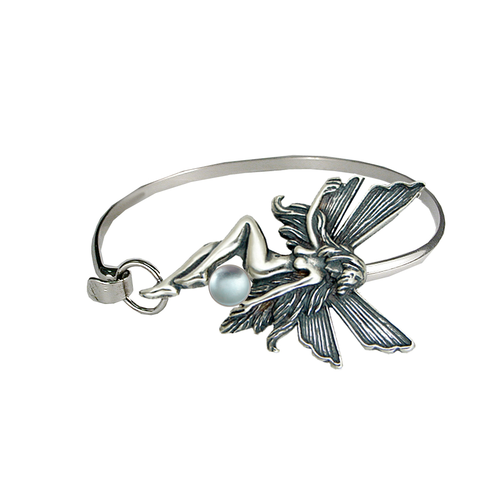 Sterling Silver Fairy Strap Latch Spring Hook Bangle Bracelet With Blue Topaz